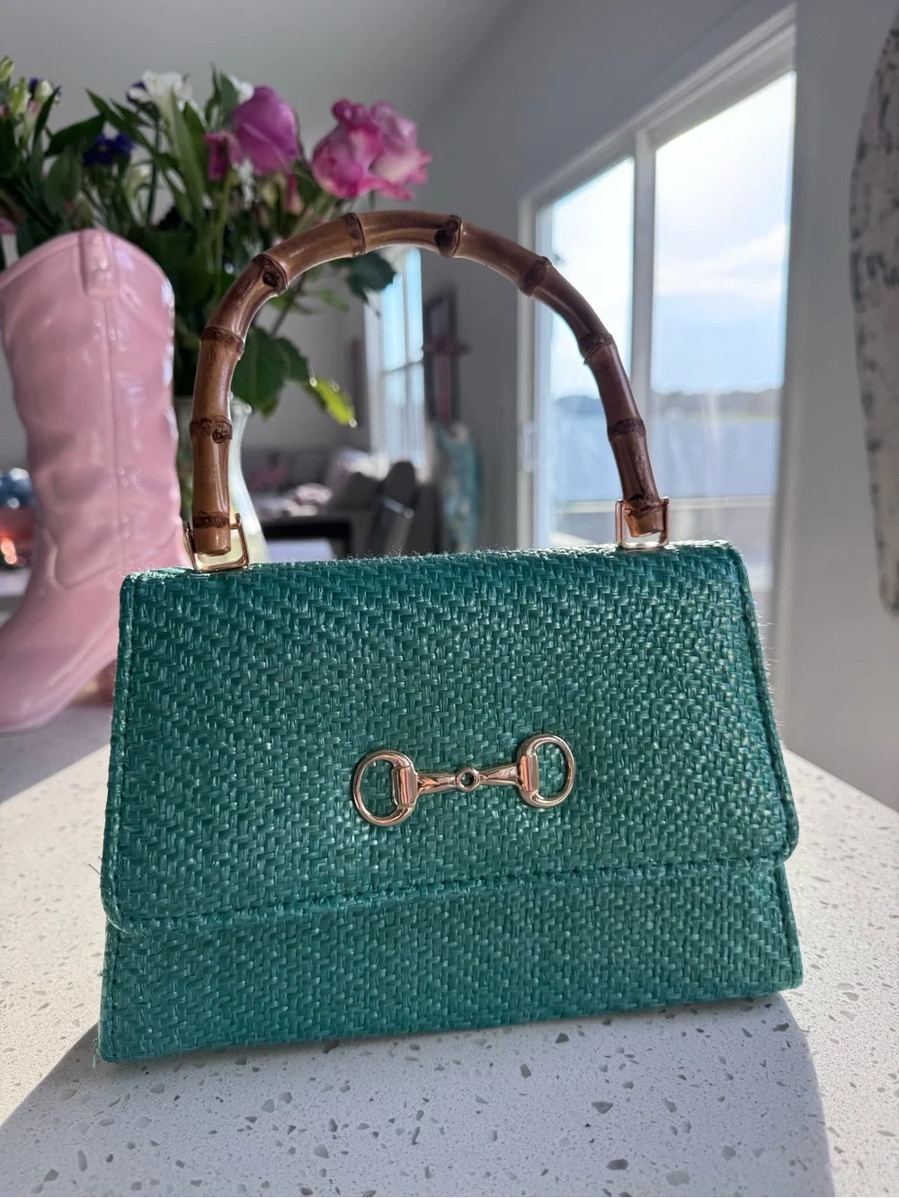 Green Woven Top-Handle Handbag with Bamboo Handle